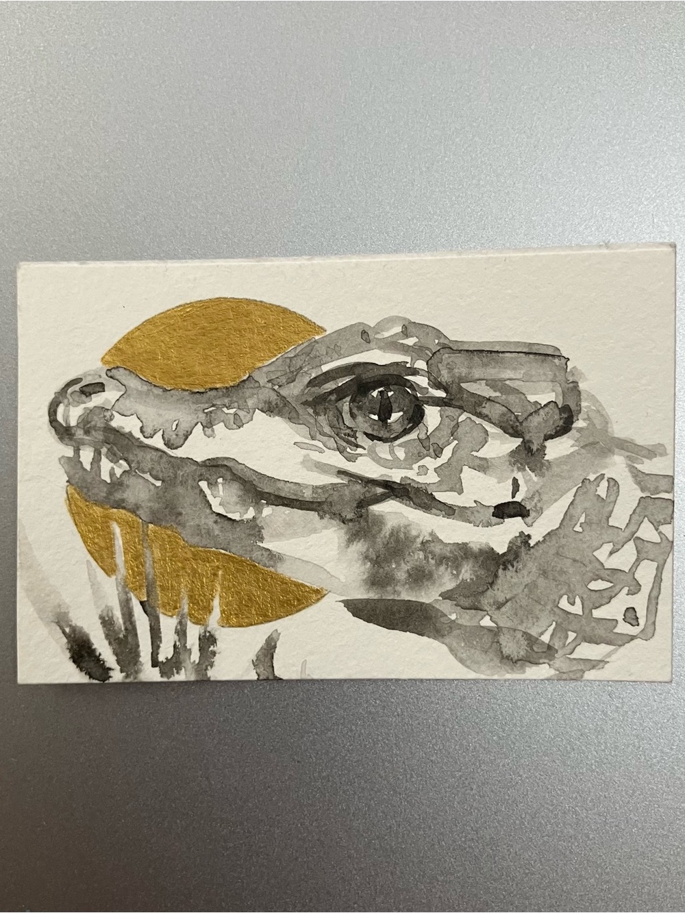 Original alligator miniature realism painting reptile art sumi-e style Ettina